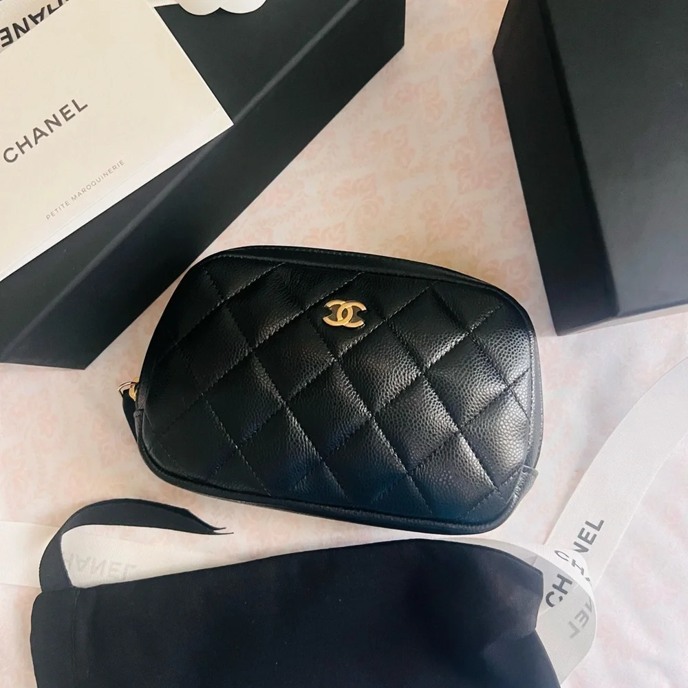 CHANEL Black Quilted Leather Cosmetic Pouch with Gold CC Logo
